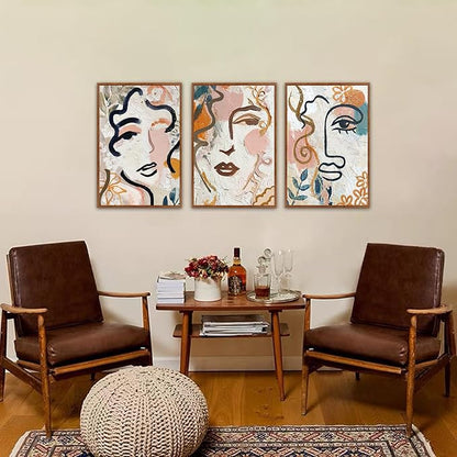 KAlRNE Abstract Human Face Wall Art Set of 3(16”X24”),Boho Line Wall Decor,Modern Matisse Framed Canvas Paintings,Colorful Floral Graffiti Art Prints For Living Room Bedroom Office Decoration