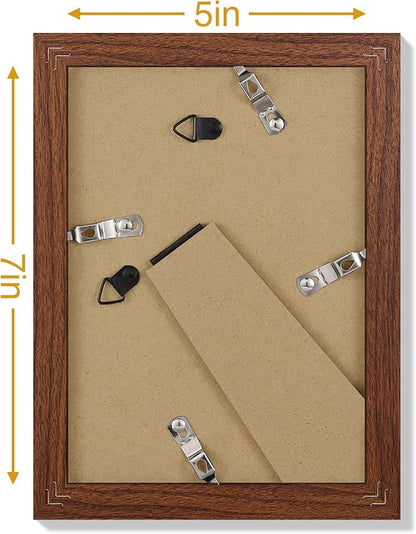 Vittanly 5x7 Picture Frames Set of 9, Display 4x6 Pictures with Mat or 5x7 without Mat, Photo Frames for Wall or Tabletop with Plexiglass, Engineered Wood, Wood Grain Brown