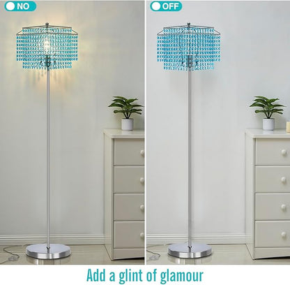 Luvkczc Crystal Floor Lamp Blue, 64" Tall Elegant Standing Lamp with On-Off Foot Switch, Double-Layer Lampshade, Light Blue Standing Lamps for Living Room, Bedroom, Office, 8W Bulb Included