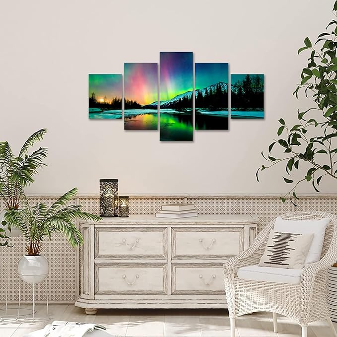Aurora Borealis Canvas Wall Art Northern Lights Canvas Print Painting for Living Room Snowy-Mountains-Landscape Poster Picture Wooden Framed Prints Ready to Hang (aurora borealis decor17, 70Wx40H)