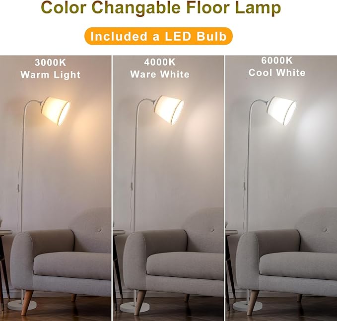 Floor Lamp, Industrial Metal Floor Lamps for Living Room with Adjustable Bendable 2 in 1 Reading Table Lamps for Living Room Bedroom Office (W+ Linen Shade)