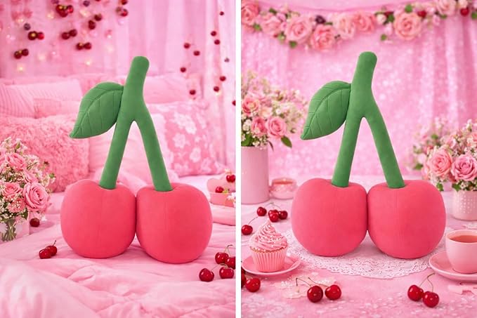 Cherry Pillow for Preppy Room Decor –17x14 In 3D Decorative Cherry Throw Pillow in Luxe Velvet –Shape Hold Fill Fruit Cushion with Sculpted Stem & Embroidered Leaf for Sofa & Aesthetic Home Decor Pink