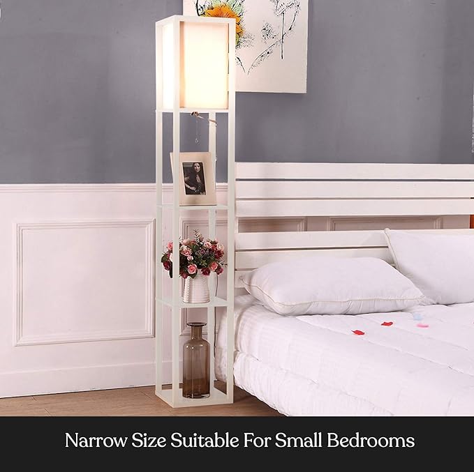 Brightech Maxwell - Modern Shelf Floor Lamp with Lamp Shade & Warm White LED Bulb, Corner Display Floor Lamp with Shelves for Living Room, Bedroom, Nightstand Office, Home Decor Storage - White