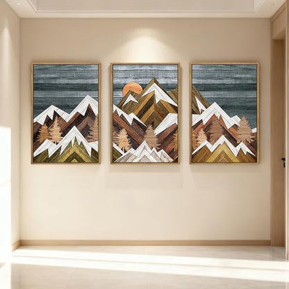 BINCUE Rustic Mountain Canvas Wall Picture Framed Mountain Wall Art Nature Landscape Artwork Boho Mountain Wall Decor Farmhouse Painting for Office Living Room Bedroom 16x24 Inches Set of 3