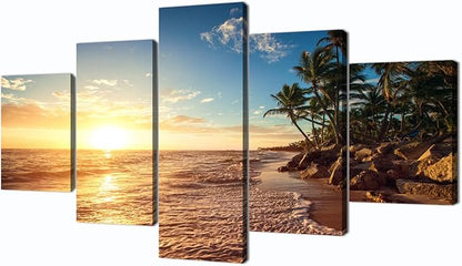 Yatsen Bridge Sunset Beach Palm Tree Posters and Prints Modern Landscape Painting Pictures Wall Art for Living Room Home Decor Gallery-wrapped Canvas Art 5 Piece Set Framed (60''W x 32''H)