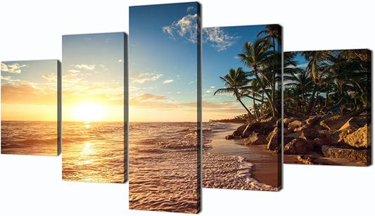 Yatsen Bridge Sunset Beach Palm Tree Posters and Prints Modern Landscape Painting Pictures Wall Art for Living Room Home Decor Gallery-wrapped Canvas Art 5 Piece Set Framed (60''W x 32''H)