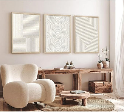 Beige Abstract Wall Art Pictures Set of 3 Boho Modern Canvas Wall Decor Neutral Line Wall Art Minimalist Art Abstract Beige Prints Painting Modern Artwork for Living Room Bedroom 12x16 Inch FRAMED