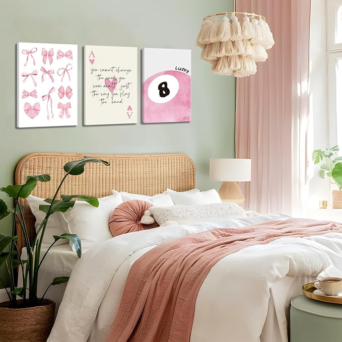 Trendy Pink Bows Canvas Wall Art Set of 3, Vintage Preppy Lucky 8 Ball Wall Decor, Pink Girly Room Aesthetic Posters Prints Painting for College Apartment Living Room Bedroom Framed 12x16 In