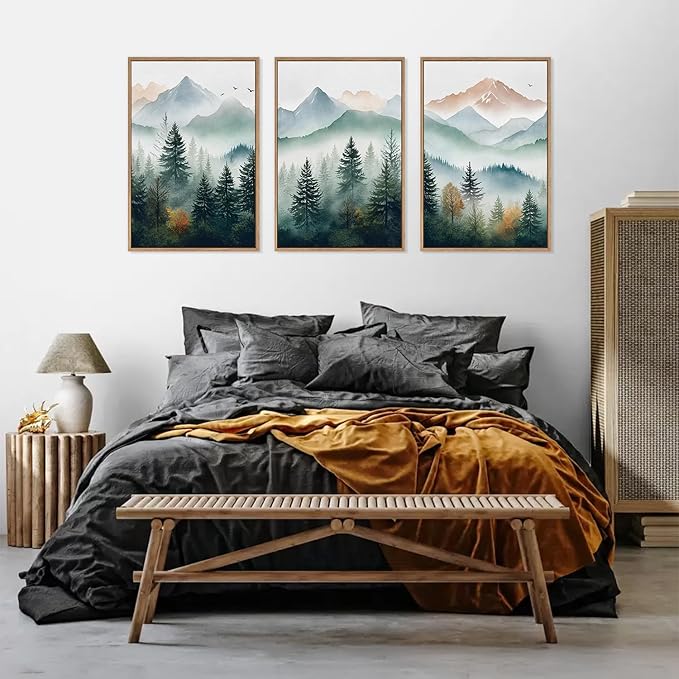 HLNIUC Misty Forest Wall Art Canvas,Landscape Mountains Wall Art,Modern Foggy Pine Artwork,Boho Nature Artwork Watercolor,Pine Tree Painting,Mist Wilderness Prints for Living Room Bedroom 16x24x3