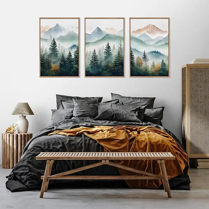 HLNIUC Misty Forest Wall Art Canvas,Landscape Mountains Wall Art,Modern Foggy Pine Artwork,Boho Nature Artwork Watercolor,Pine Tree Painting,Mist Wilderness Prints for Living Room Bedroom 16x24x3