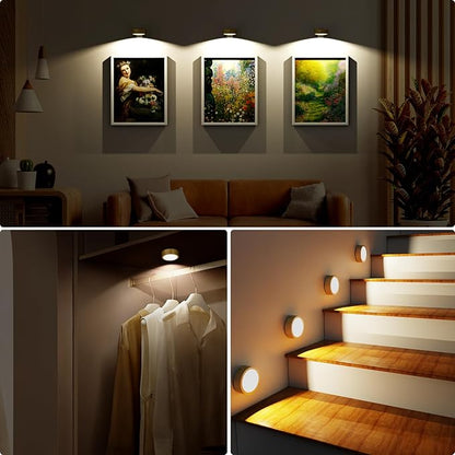 3 Pack Picture Lights for Wall, Rechargeable Battery Operated wall lights, Picture Frame lights with 3 Lighting Modes, Wireless Magnetic Painting Light with Remote Control Timer (Golden, 3 Pack)