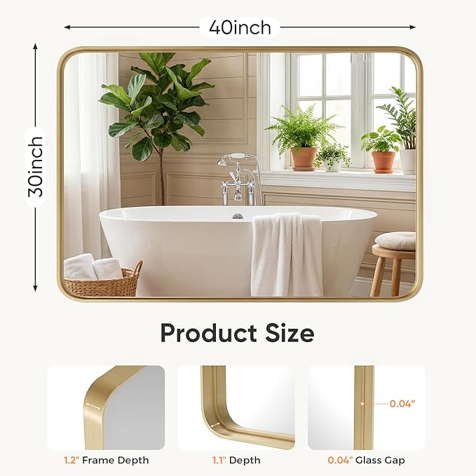 Sweetcrispy Bathroom Wall Mirror, 40x30 Inch Wall Mount Mirror for Over Sink, Modern Rounded Rectangle Vanity Mirror with Matte Metal Framed, for Home Decor, Living Room, Bedroom, Gold
