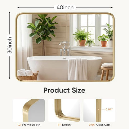 Sweetcrispy Bathroom Wall Mirror, 40x30 Inch Wall Mount Mirror for Over Sink, Modern Rounded Rectangle Vanity Mirror with Matte Metal Framed, for Home Decor, Living Room, Bedroom, Gold