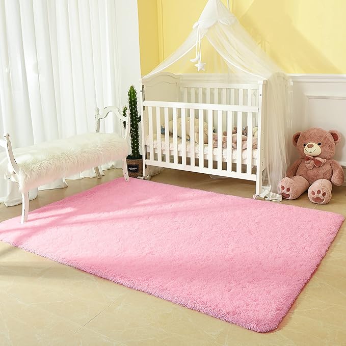 Andecor Soft Fluffy Bedroom Rugs, 3 x 5 Feet Indoor Shaggy Plush Area Rug for Boys Girls Kids Baby College Dorm Living Room Home Decor Floor Carpet, Pink
