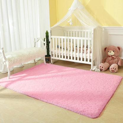 Andecor Soft Fluffy Bedroom Rugs, 3 x 5 Feet Indoor Shaggy Plush Area Rug for Boys Girls Kids Baby College Dorm Living Room Home Decor Floor Carpet, Pink