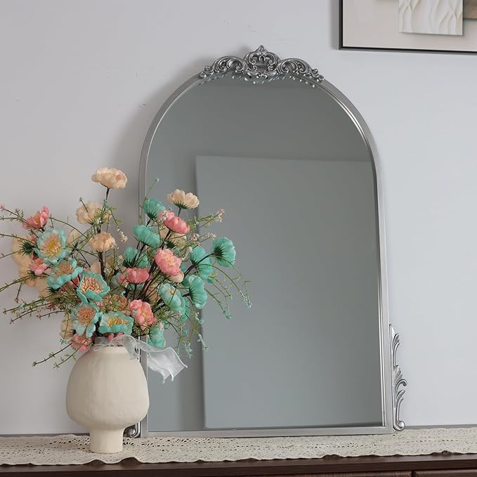 2pcs 26''x20'' Silver Antique Gold Arched Wall Mirror with Metal Flower Carving Frame, Small Vintage Retro Baroque Mirror Ornate, Vanity Mirror for Bathroom, Fireplace,Entryway, Living Room