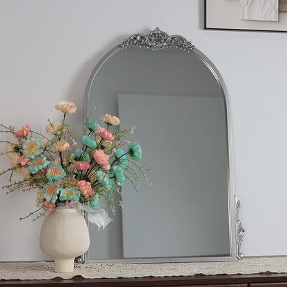 2pcs 26''x20'' Silver Antique Gold Arched Wall Mirror with Metal Flower Carving Frame, Small Vintage Retro Baroque Mirror Ornate, Vanity Mirror for Bathroom, Fireplace,Entryway, Living Room