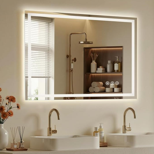 48X30 LED Bathroom Mirror with Lights, Anti-Fog, Dimmable - Lighted Bathroom Vanity Mirror with Front & Back Light, 3 Color Temperatures, Memory Function, Tempered Glass (Horizontal/Vertical)