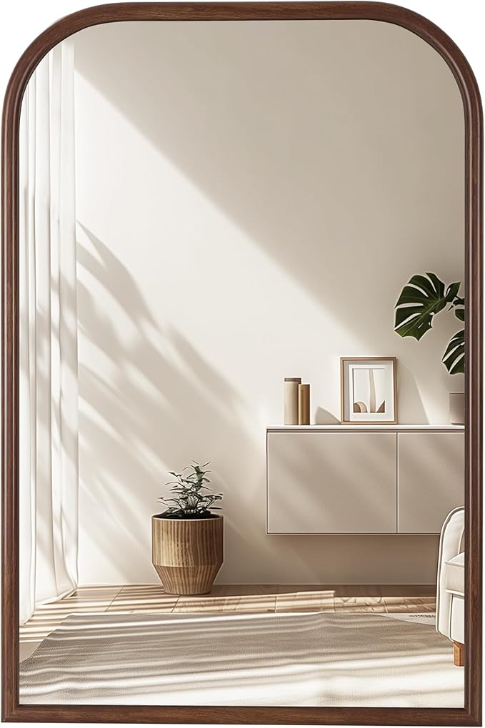 24"x36" Arch Wall Mirror Bathroom Mirror for Wall Mounted, Tempered Glass, Wood Grain Finish Frame Wall Mirror Decorative for Bedroom Living Room Entryway, Rustic Brown
