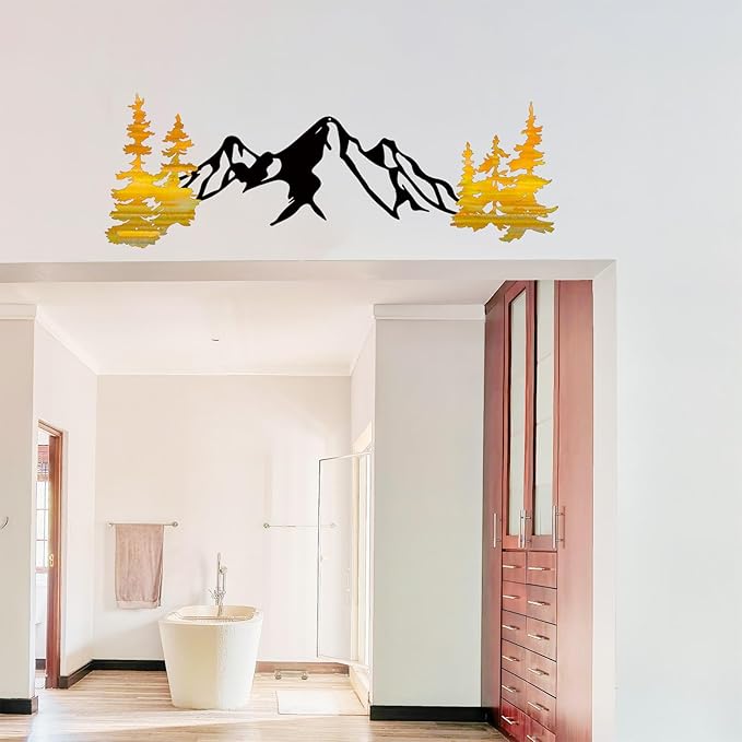 Yuzhuo Metal Mountain Wall Art Decor, Mountain Forest Silhouette Art Suitable for Living Room Bedroom Indoor Outdoor Garden Home Decoration (Yellow, 34.5L x 11W)