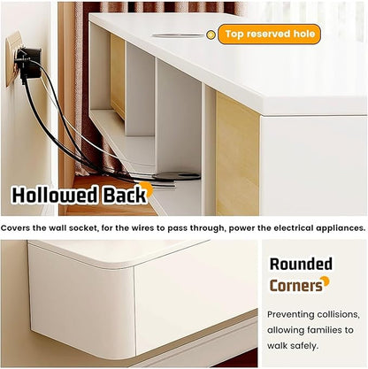Modern Wall-Mounted Wooden TV Cabinet with Drawers & Doors, Stylish Media Console Table, Cable Management Hole, White Entertainment Center (180x24x20cm)
