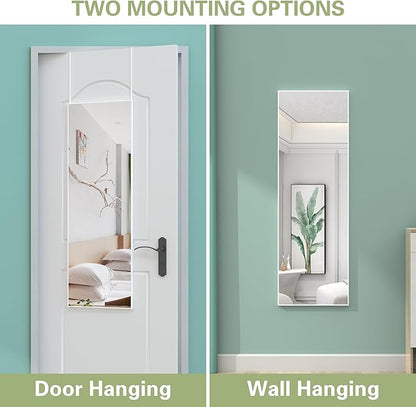 ANYHI Over The Door Mirror, 42"x14" Full Length Mirror for Wall Mirror, 2 Hooks, Aluminum Frame, for Bedromm Bathroom, White