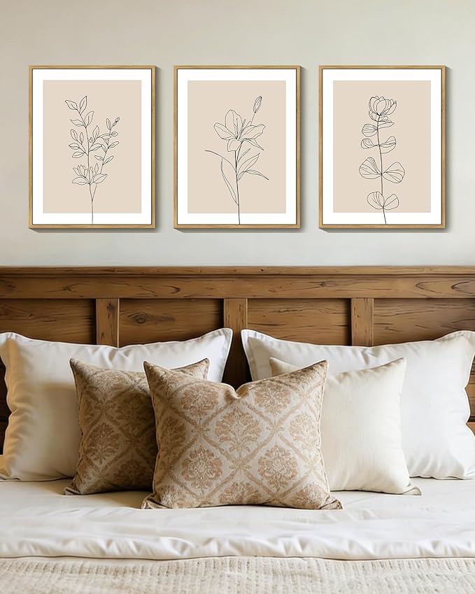 Drsoum Black Line Flower Wall Art Vintage Floral Minimalist Wall Hanging Decor Bohemain Botanical Prints Artwork for Office Dining Room Hallway 11x14in Natural Framed