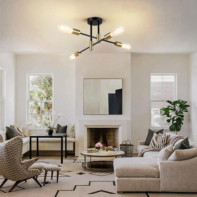 Bosceos Semi Flush Mount Ceiling Light Fixture, 4-Light Modern Black and Gold Sputnik Chandelier Industrial Ceiling Lamp for Kitchen Dining Room Living Room Bedroom Foyer