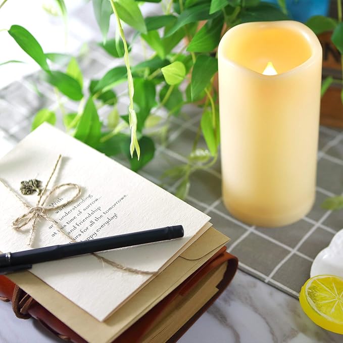 iZAN Outdoor LED Flameless Candle with Timing Function Waterproof Plastic Realistic Flickering Battery Operated LED Pillar Candle Long Lasting Battery Life 3x6 inch Waved Edge