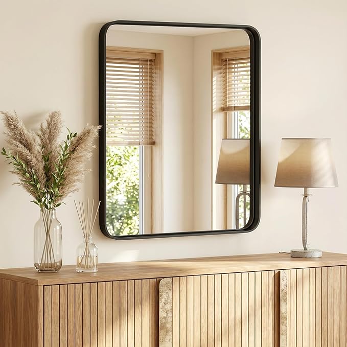 NEWBULIG 30X36 Inch Bathroom Mirror for Over Sink, Wall Vanity Mirrors Tempered Glass, Anti-Rust Metal Framed Rounded Rectangle, Hangs Horizontally or Vertically, Farmhouse Home Decor, Black