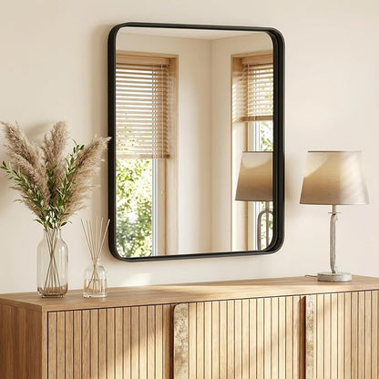 NEWBULIG 30X36 Inch Bathroom Mirror for Over Sink, Wall Vanity Mirrors Tempered Glass, Anti-Rust Metal Framed Rounded Rectangle, Hangs Horizontally or Vertically, Farmhouse Home Decor, Black