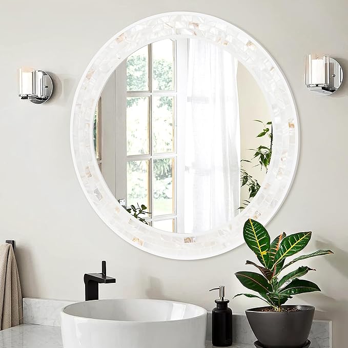 Tanmicoshomy Round Bathroom Mirror 28 Inch,Circle Mosaic Wall Mirrors with Natural Shell Frame, Decorative Coastal Mirrors for Bathroom Bedroom Living Room or Entrayway