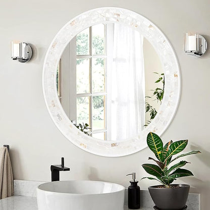 Tanmicoshomy Round Bathroom Mirror 28 Inch,Circle Mosaic Wall Mirrors with Natural Shell Frame, Decorative Coastal Mirrors for Bathroom Bedroom Living Room or Entrayway