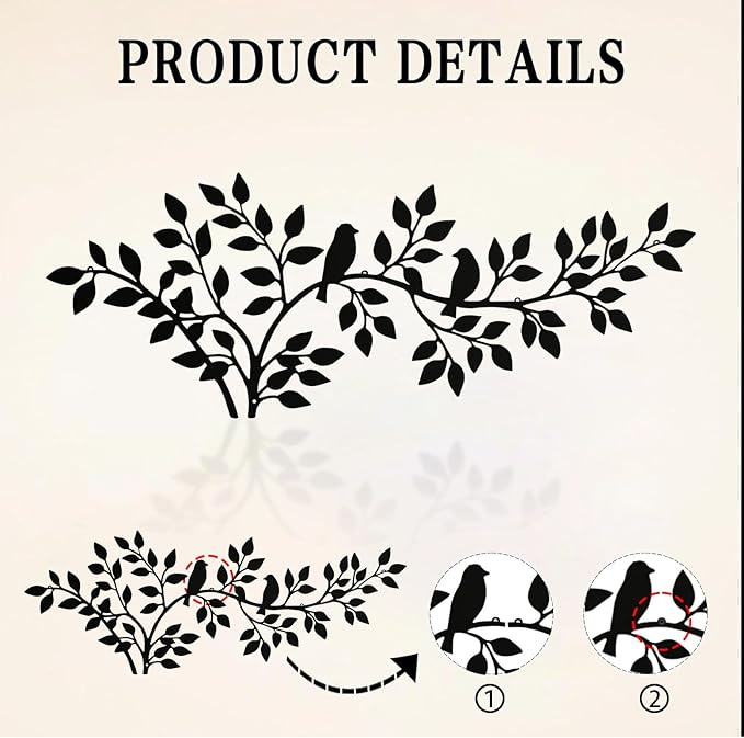 QZGXDECO 34Inch Metal Tree Leaf Birds on Branch Wall Decor Art,Black Vine Olive Branch Leaves with Bird Hanging Wall Sculpture for Home Balcony Living Room Bedroom Hallway Wall Decoration