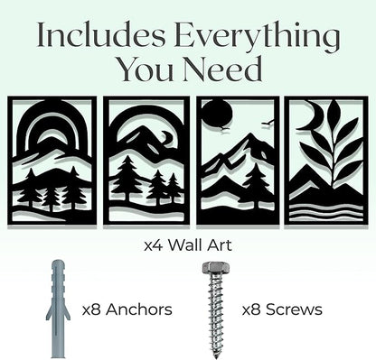 GALLERY GRACE Metal Wall Art Decor – 11" x 16" Set of 4 Abstract Landscape Panels for Living Room, Office, or Bedroom – Minimalist Single Line Black Wall Art with Mountains, Trees, and Sunrise