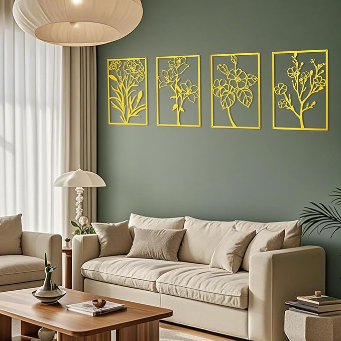 ZNZAPO 4 Pcs Large Gold Metal Flower Wall Art, Abstract Line Art Wall Decor, Minimalist Floral Wall Hanging Art, 3d Wall Art Sculptures Decor for Living Room Bedroom Bathroom (15.7 × 22.5”)