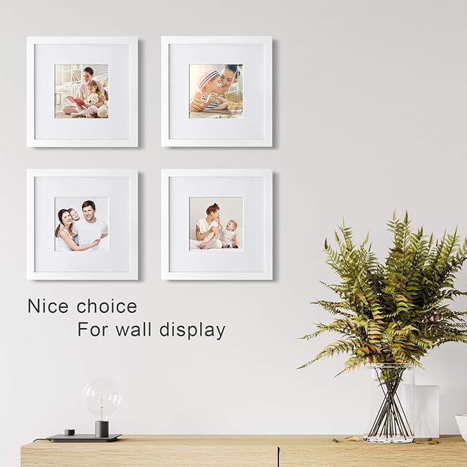 Egofine 10x10 Picture Frames White,Made of Solid Wood with HD Plexiglass for Pictures 6x6 with Mat or 10x10 without Mat, Tabletop and Wall Mounting Display, Set of 4