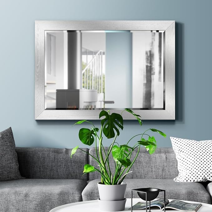 Renditions Gallery Rustic Rectangular Silver Wood Frame Vanity Body Mirror Verticle Or Horizontal Aesthetic Wall Mounted Mirror Decor for Bedroom Living Room Bathroom - 41"x29" LT07