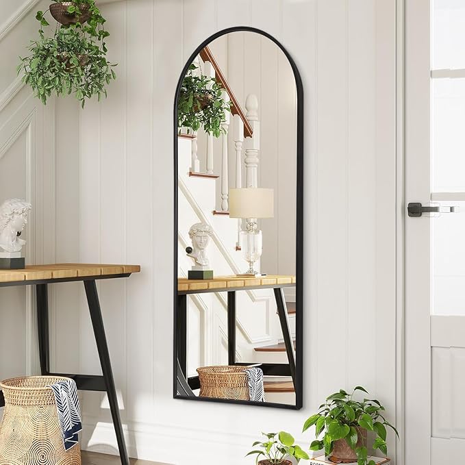 Black Arched Full Length Mirror, 48"x16" Wall Mounted Mirror Metal Aluminum Frame Modern Simple Home Decor, Leaning Against Wall Mirror for Living Room Bedroom Cloakroom, Large
