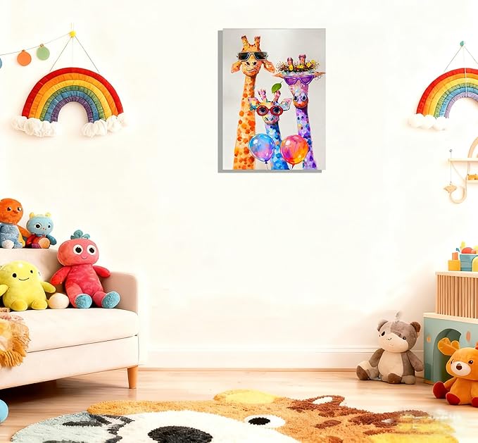 12x16 Graffiti Giraffe Family Canvas Wall Art, Colorful Framed Animal Prints with Sunglasses & Balloon, Funny Lovely Artwork for Kids, Teen Boys Girls, Nursery Bedroom & Living Room Home Decor