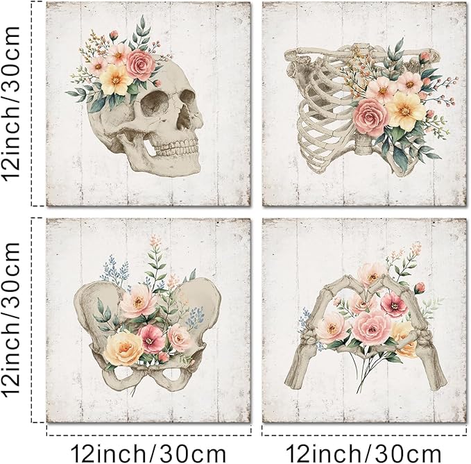 KREATIVE ARTS 4-Piece Vintage Skull Canvas Wall Art Floral Skeleton Anatomy, Gothic Decor for Bedroom, Living Room, or Office, Medical Human Anatomy Halloween Print, Ready to Hang