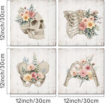 KREATIVE ARTS 4-Piece Vintage Skull Canvas Wall Art Floral Skeleton Anatomy, Gothic Decor for Bedroom, Living Room, or Office, Medical Human Anatomy Halloween Print, Ready to Hang
