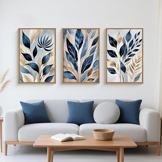 HPNIUB Blue Botanical Leaf Framed Wall Art Set,Modern Natural Blue and Gold Plant Wall Decor,Abstract Boho Minimalist Rustic Floral Leaves Artwork for Living Room, Bedroom,Office-24''x36''x3