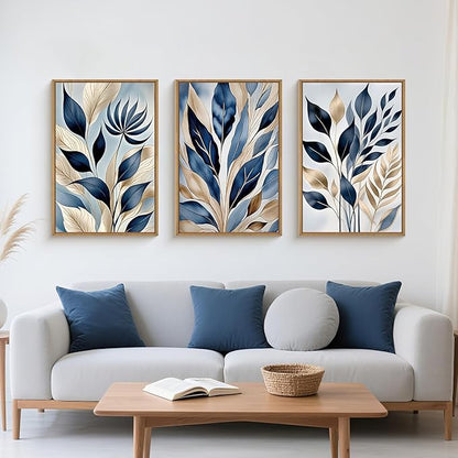 HPNIUB Blue Botanical Leaf Framed Wall Art Set,Modern Natural Blue and Gold Plant Wall Decor,Abstract Boho Minimalist Rustic Floral Leaves Artwork for Living Room, Bedroom,Office-24''x36''x3