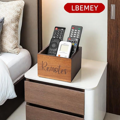 LBEMEY Acacia Wood Remote Control Holder Caddy, TV Organizer for Table, Vintage Farmhouse Desk Caddy (Brown for 3+ Controls)