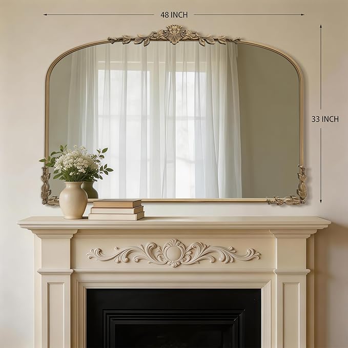 Besdomus Large Gold Wall Mirror: 48"x33" Baroque Vintage Fireplace Arched Mirror - Traditional Ornate Antique for Bedroom/Entryway/Bathroom/Vanity/Living Room - Ideal for Fashion-Conscious