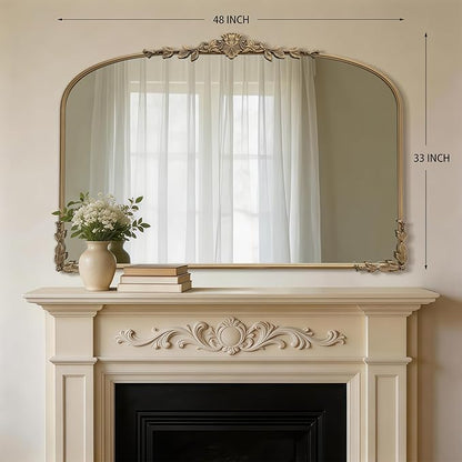 Besdomus Large Gold Wall Mirror: 48"x33" Baroque Vintage Fireplace Arched Mirror - Traditional Ornate Antique for Bedroom/Entryway/Bathroom/Vanity/Living Room - Ideal for Fashion-Conscious
