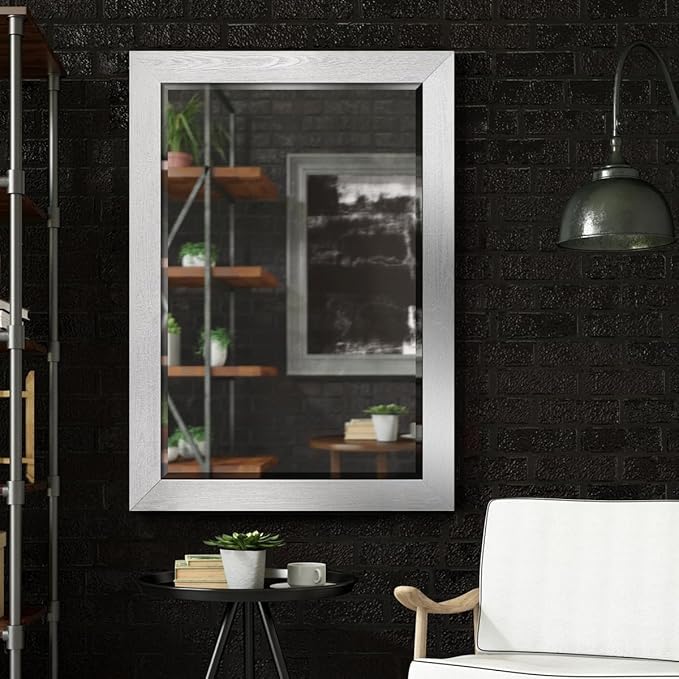 Renditions Gallery Rustic Rectangular Silver Wood Frame Vanity Body Mirror Verticle Or Horizontal Aesthetic Wall Mounted Mirror Decor for Bedroom Living Room Bathroom - 41"x29" LT07