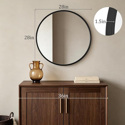 HOMECOOKIN Round Wood Mirror 28 inch Circle Mirror, Rustic Farmhouse Wooden Framed Decorative Wall Decor, Vanity Wall Mirror for Bathroom, Bedroom, Entryway, Living Room (Black)