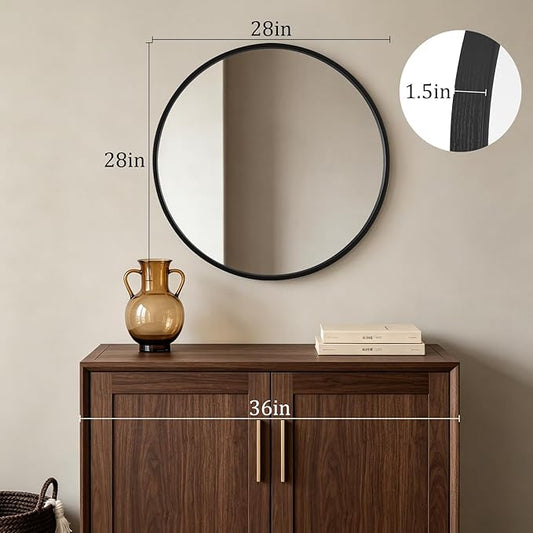 HOMECOOKIN Round Wood Mirror 28 inch Circle Mirror, Rustic Farmhouse Wooden Framed Decorative Wall Decor, Vanity Wall Mirror for Bathroom, Bedroom, Entryway, Living Room (Black)